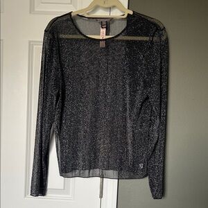 Victoria’s Secret Sheer Sparkle Long Sleeve Top Black Silver NWT Size M/L